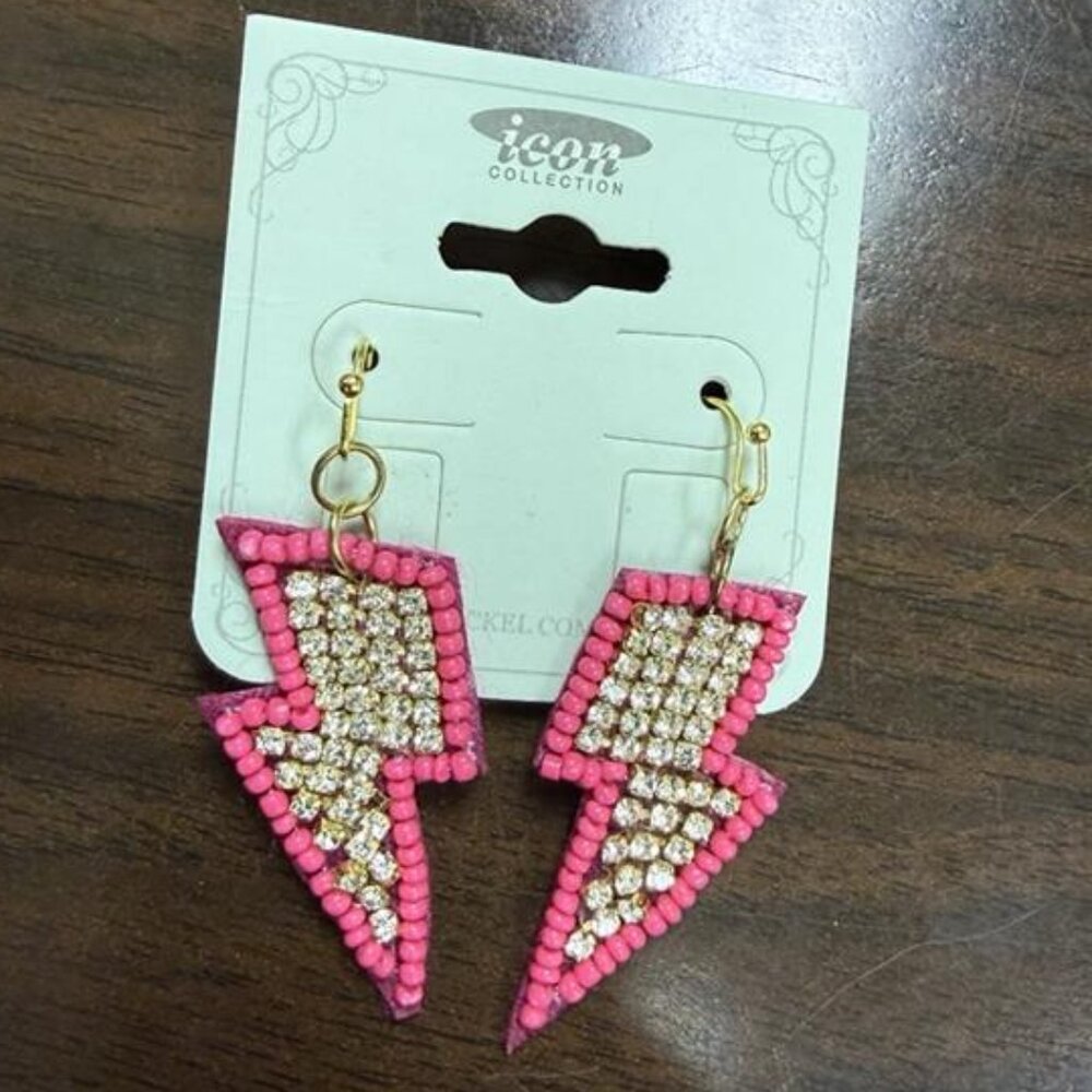 Pink Rhinestone Lightning Bolt Earrings – NEW